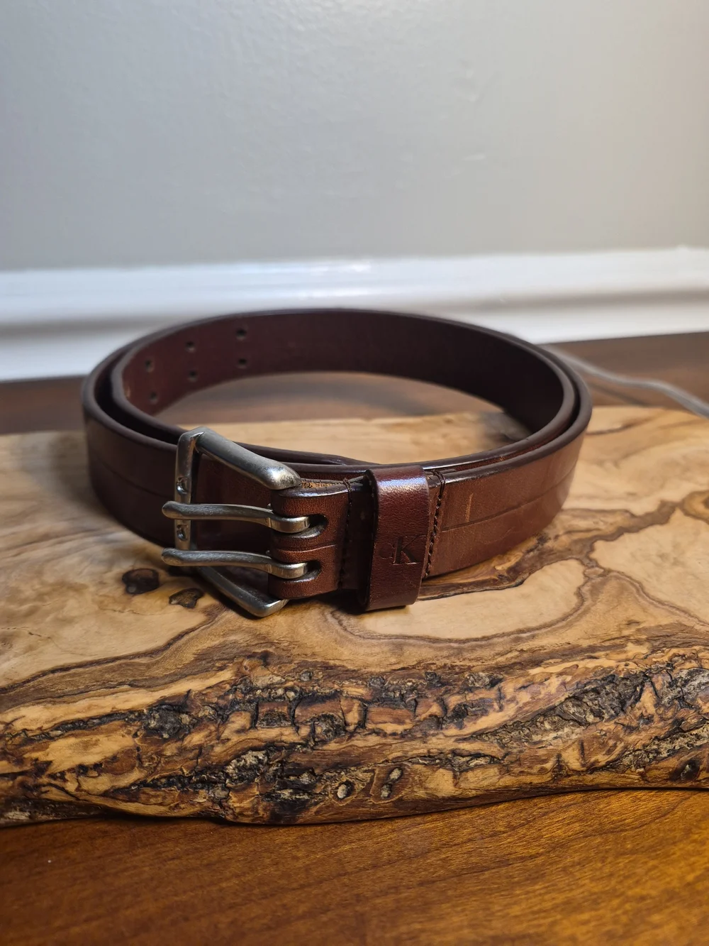 Calvin Klein Chestnut Brown Triple-Prong‎ Leather Belt Italian Saddle Leather